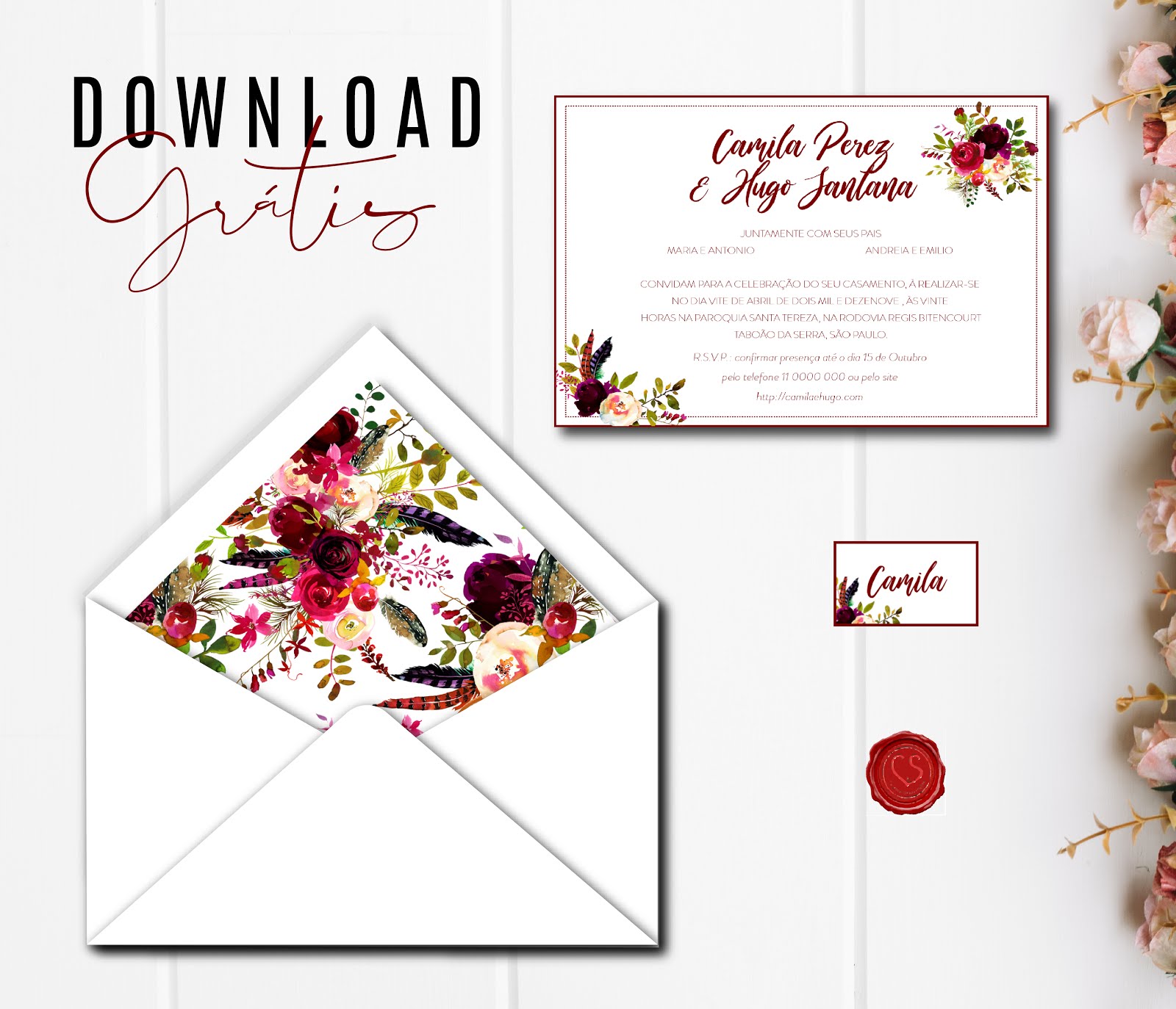 Convite de Casamento floral para Download – Editável